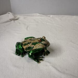 Two's Company Green Orange Enamel Crystal Frog Trinket Jewelry Box Opens
